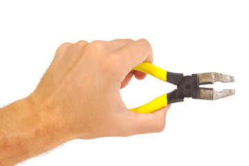 Hand holding pliers on white background