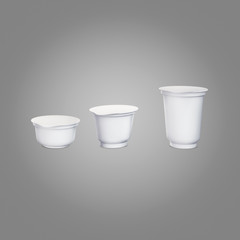  White Blank Container for yogurt Ice Cream, dessert, cheese and cream. Food and drink plastic blank. Template ready for your design. Isolated on gray background