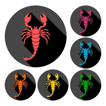 Scorpion icons set with long shadow