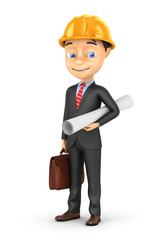 3d cheerful engineer in a helmet on a white background.