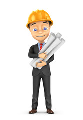 3d cheerful engineer in a helmet on a white background.