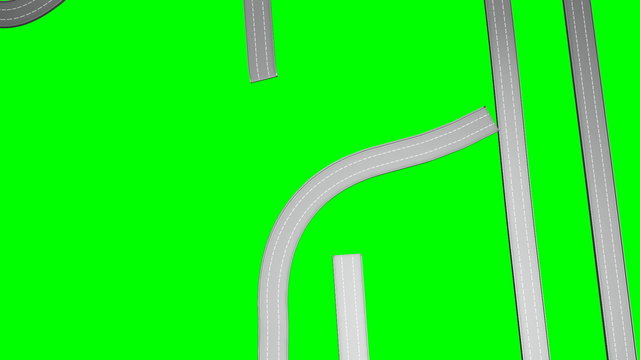 An animation of a group or overlapping and twisted roads growing into the screen on a green screen background