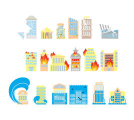 Disaster icon collection. Destruction of buildings set of icons.