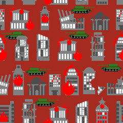 War seamless pattern. Ruined city. Tanks in town. Skyscrapers an