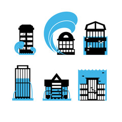 Flood and tsunami icons set houses. Flooding of buildings. Publi