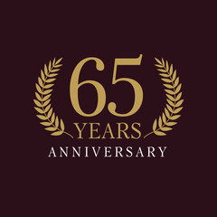 65 anniversary royal logo.  Template logo 65th anniversary with a frame in the form of laurel branches and the number 65 