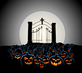 halloween pumpkins with cemetery on dark sky with moon