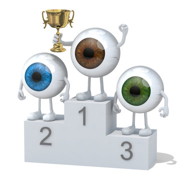 eyeballs with winner cup on sports victory podium