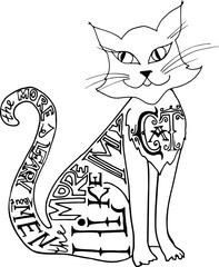 drawing black and white cat with artwork inscription. philosophy poster