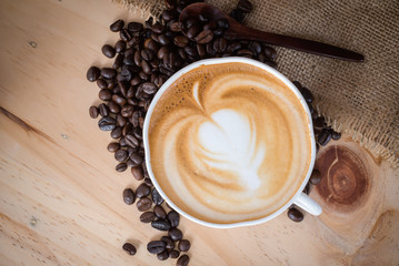 Top view of Hot cappuccino coffee .