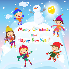 Shiny vector christmas background with funny snowman and children. Happy new year postcard design with boy and girl enjoying the holiday. Winter snow with bokeh effect. 2016 card