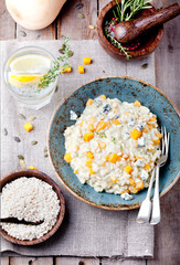 Pumpkin, blue cheese risotto in a ceramic plate 