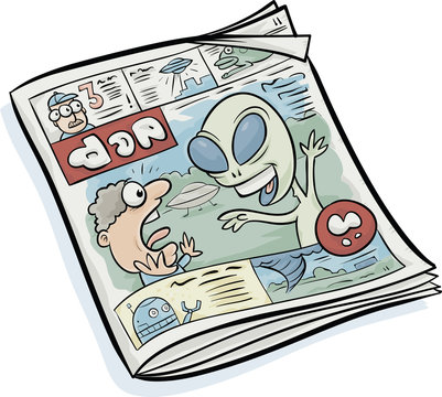 A cartoon of a trashy tabloid newspaper with a story about aliens on the cover.