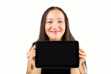 female holding up a digital tablet