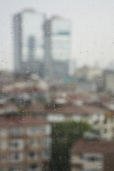 rain drops on window against city view