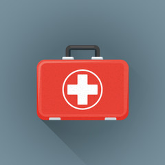 vector flat red medical suitcase illustration icon.