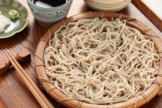 cold soba buckwheat noodles served on bamboo tray, japanese food