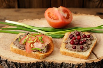 Homemade pate on toasts with tomatoes, scallion and cranberries