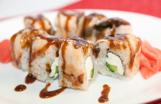 Delicious tasty japanese sushi with salmon.