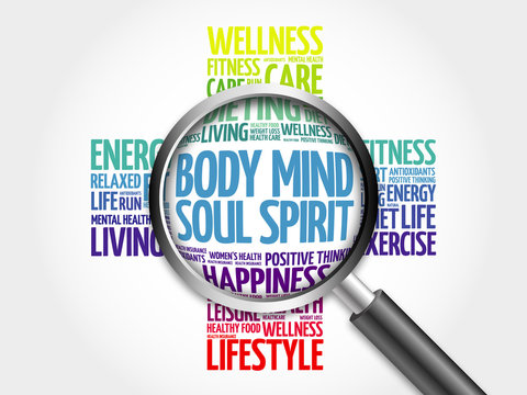 Body Mind Soul Spirit word cloud with magnifying glass, health concept