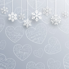Christmas background with hearts and snowflakes