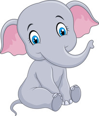 Cartoon funny baby elephant sitting isolated on white background 