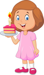 Little girl holding birthday cake isolated on white background
