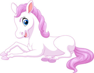 Cartoon funny beautiful pony horse sitting isolated on white background