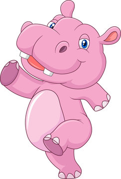 Cartoon cute baby hippo running and happy
