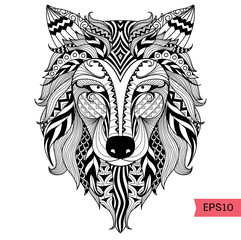 Obraz premium Detail zentangle wolf for coloring page,tattoo, t shirt design effect and logo