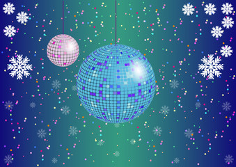 the Christmas background with disco balls and snowflakes