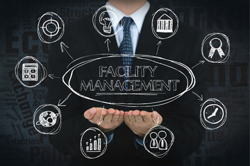 Facility management concept image with business icons.
