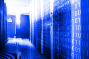 rows of server hardware with blue backlight