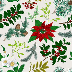 Vector Seamless vintage pattern. Christmas Botanical background. Colorful.