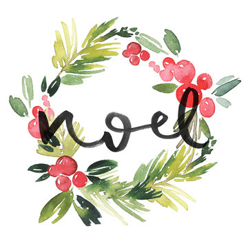 Christmas wreath watercolor. Handmade. Holiday card.
