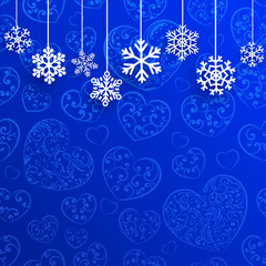 Christmas background with hanging snowflakes on background of he