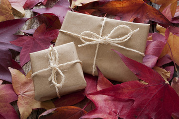 Gift boxes with autumn leaves
