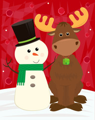 Snowman and Moose - Cute snowman stands next to his moose friend and in front of a red decorative background. Eps10