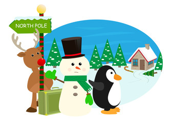 January First - Cartoon snowman, reindeer and penguin are hitchhiking to the north pole. Eps10
