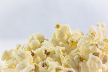 close up popcorn on a white background 