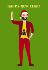Fototapeta na wymiar Hipster Photographer, journalist, reporter at work with the camera in red hat of Santa Claus, Christmas costumes