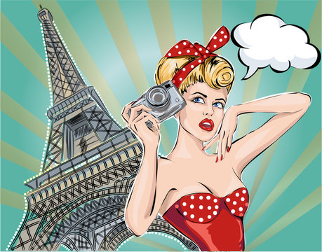 Pop Art illustration Fashion woman near Eiffel Tower takes pictures