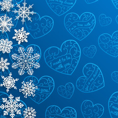 Christmas background with snowflakes on background of hearts