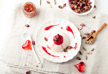 Panna cotta,with berry sauce. Italian dessert. 