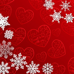 Christmas background with snowflakes on background of hearts