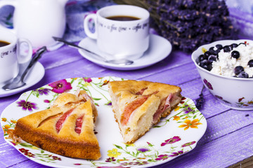 Apple pie, cottage cheese with blueberries and coffee