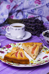 Apple pie, cottage cheese with blueberries and coffee