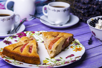 Apple pie, cottage cheese with blueberries and coffee