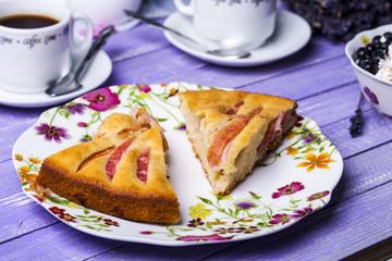 Apple pie, cottage cheese with blueberries and coffee