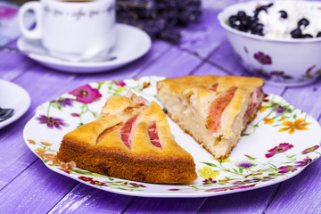 Apple pie, cottage cheese with blueberries and coffee